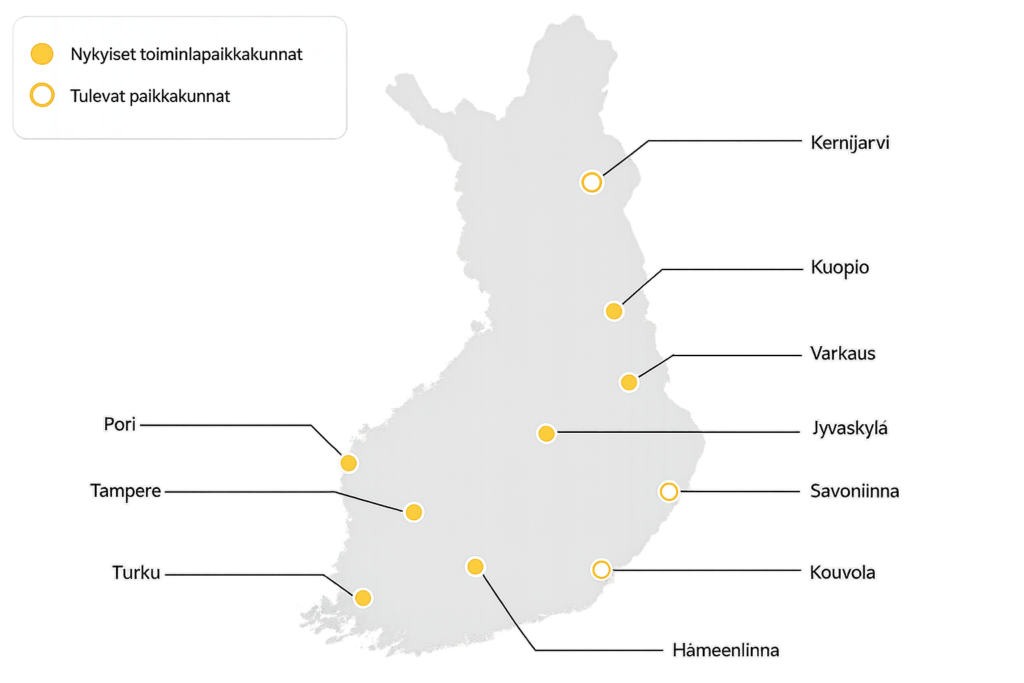 tuoliliikunta paikkakunnat suomen kartalla, tampere, turku, kuopio pori varkaus, hämeenlinna jyväskylä